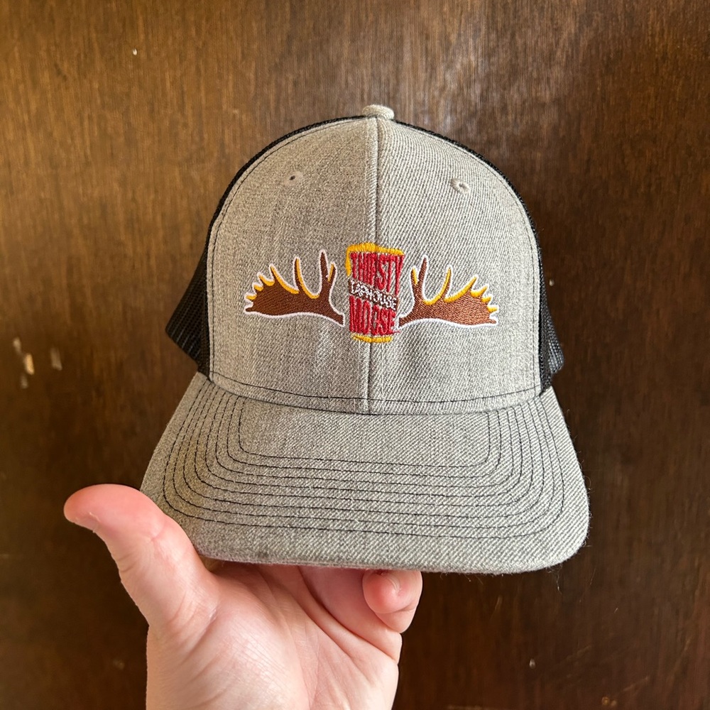 NWOT Gray And Black  Trucker Hat  Thirsty Moose Antler Patch